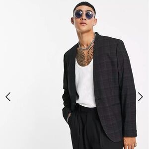 ASOS DESIGN skinny collarless blazer in black crosshatch check